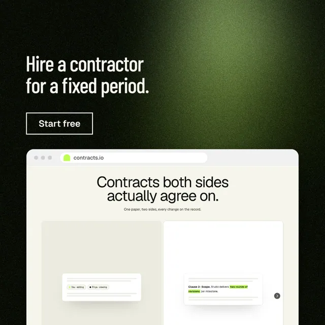 Instagram post for contracts.io: "Hire a contractor for a fixed period." Dark deco style, browser layout, light palette in black, white, green.