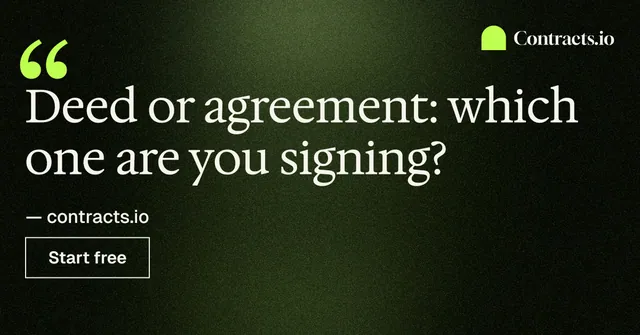 Social ad for contracts.io: "Deed or agreement: which one are you signing?" Dark deco style, quote layout, dark palette in green, black, grey.