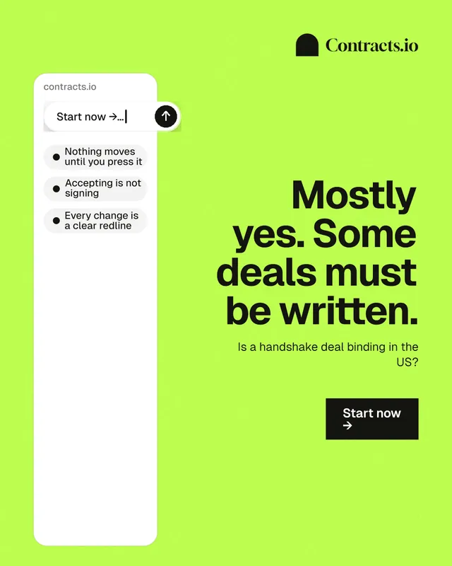 Instagram portrait post for contracts.io: "Mostly yes. Some deals must be written." Swiss style, right layout, light palette in green, white.
