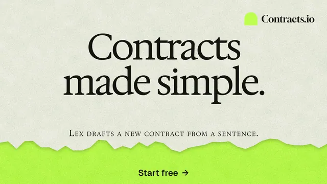 Landscape graphic for contracts.io: "Contracts made simple." Paper trio style, smallcaps layout, light palette in green, grey.
