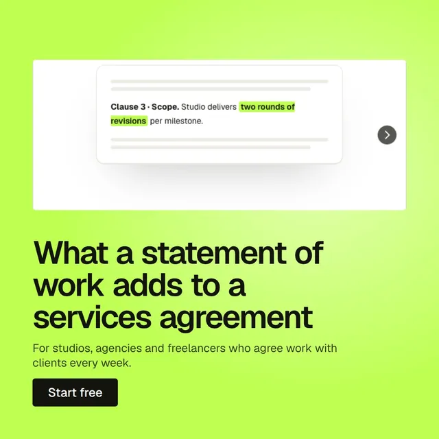 Video for contracts.io: "What a statement of work adds to a services agreement". Doc motion loop, 6.0 s, light palette.