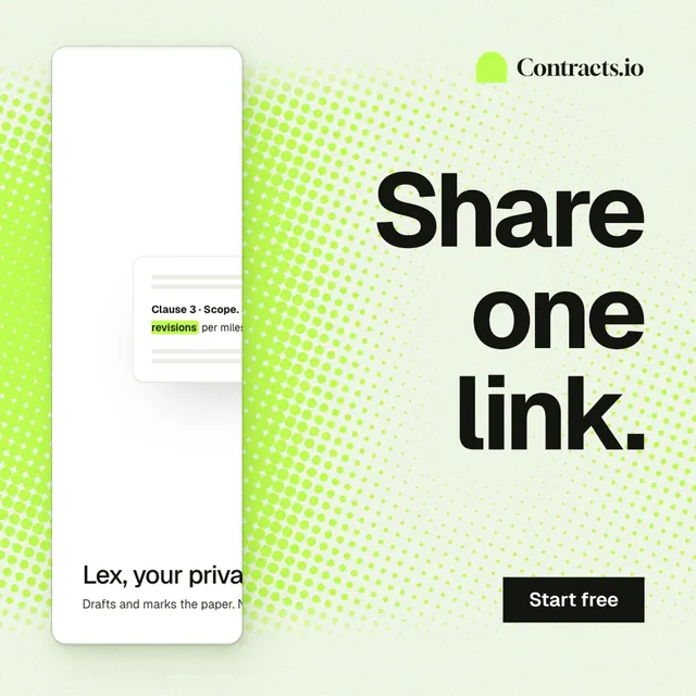 Instagram post for contracts.io: "Share one link." Swiss style, right layout, light palette in white, green, grey.