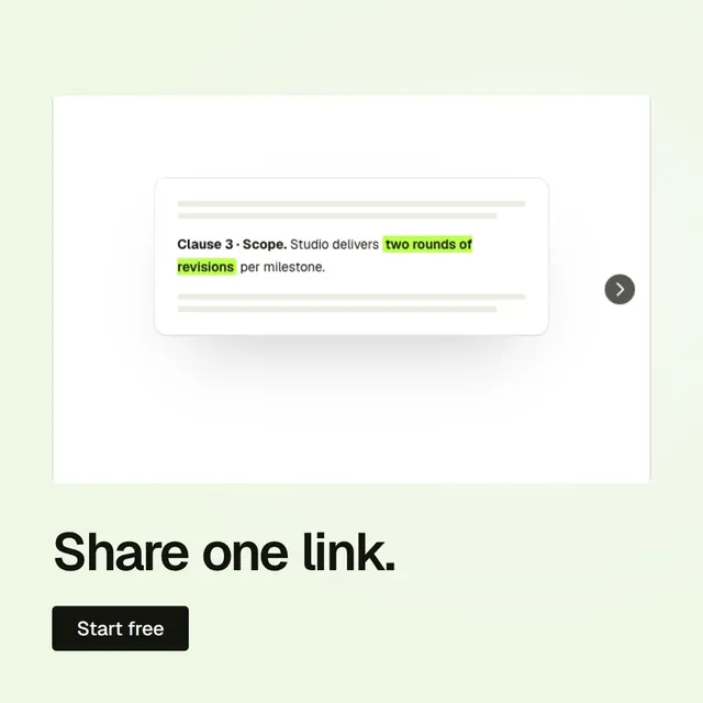 Video for contracts.io: "Share one link.". Doc motion loop, 6.0 s, light palette.
