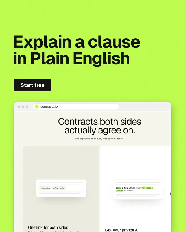 Instagram portrait post for contracts.io: "Explain a clause in Plain English". Swiss style, browser layout, light palette in green.