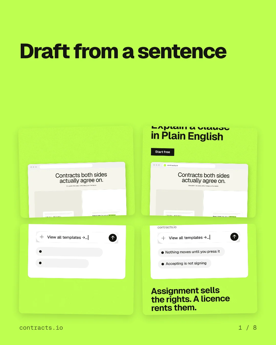 Carousel for contracts.io: "Draft from a sentence". Collection carousel, 8 slides, light palette.