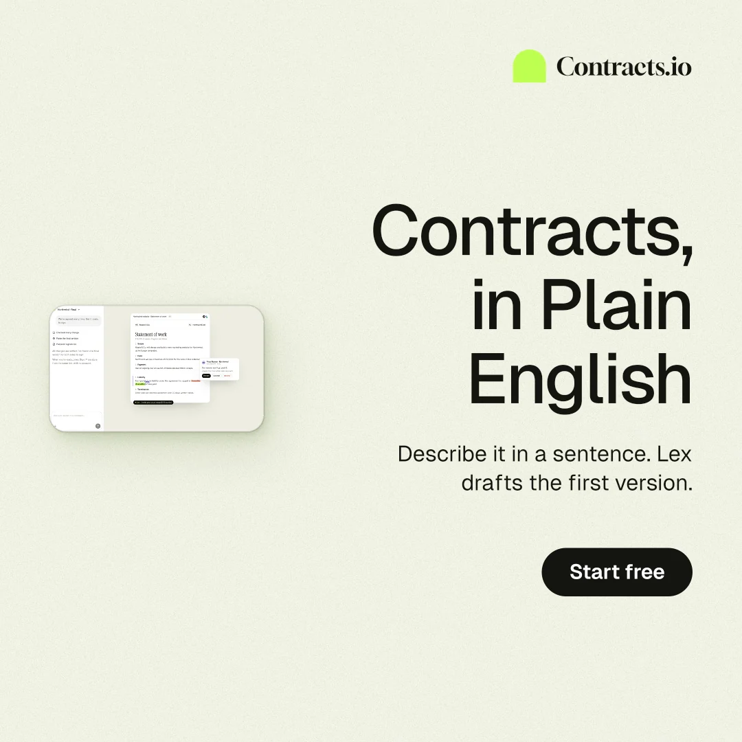 Instagram post for contracts.io: "Contracts, in Plain English". Data card style, right layout, light palette in white.