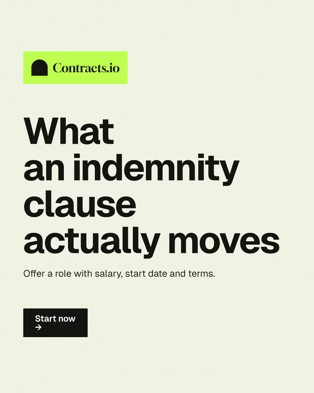 Instagram portrait post for contracts.io: "What an indemnity clause actually moves". Swiss style, announce layout, light palette in white, grey.