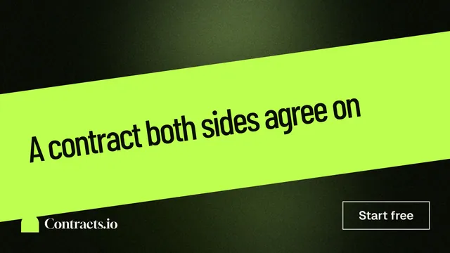 Landscape graphic for contracts.io: "A contract both sides agree on". Dark deco style, diagonal layout, light palette in green, black.