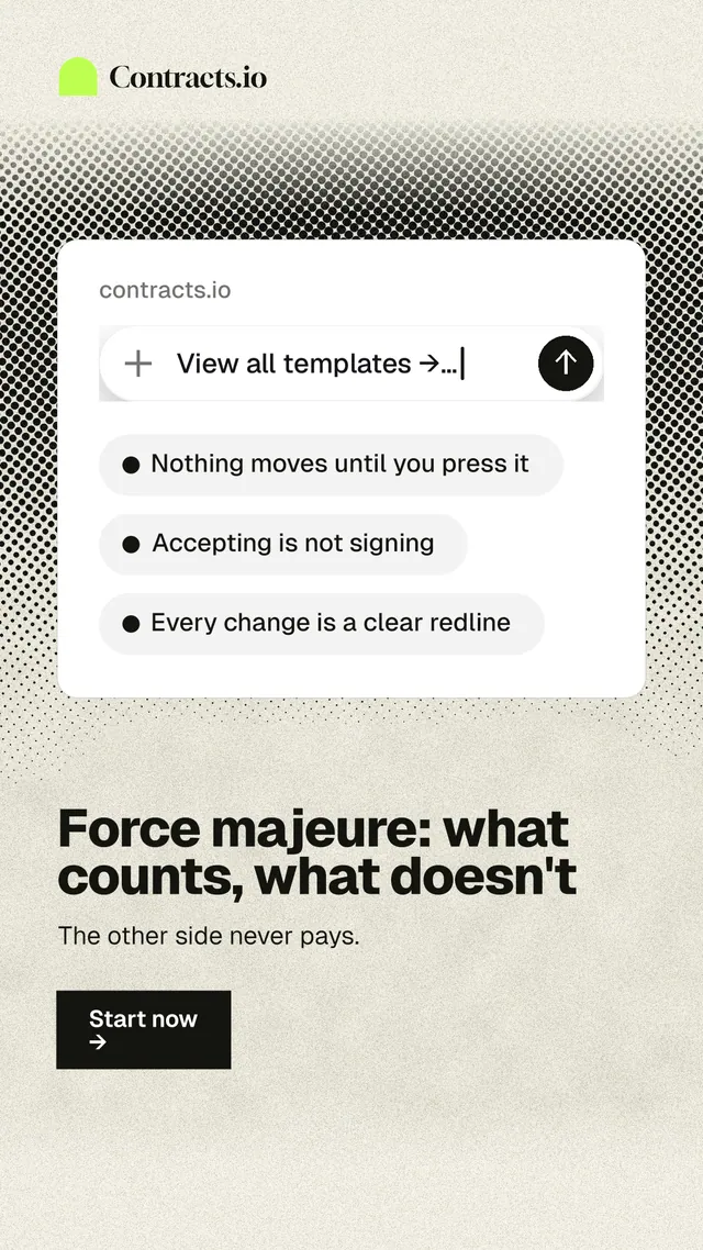 Instagram story for contracts.io: "Force majeure: what counts, what doesn't". Ink sticker style, bottom layout, light palette in white, yellow, grey.