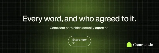 X header for contracts.io: "Every word, and who agreed to it." Phosphor atlas style, centred layout, dark palette in green, black.