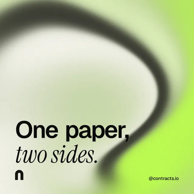 Instagram post for contracts.io: "One paper, two sides." Auto 1x1 style, technique:shader field layout, light palette in green, grey, yellow.