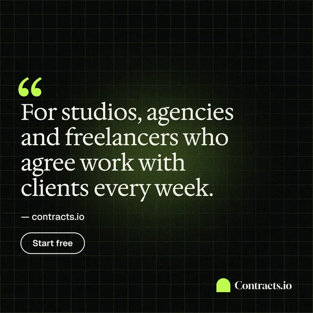 Instagram post for contracts.io: "For studios, agencies and freelancers who agree work with clients every week." Phosphor atlas style, quote layout, dark palette in black, grey.