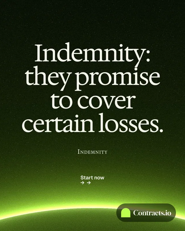 Instagram portrait post for contracts.io: "Indemnity: they promise to cover certain losses." Swiss style, smallcaps layout, dark palette in green, black.