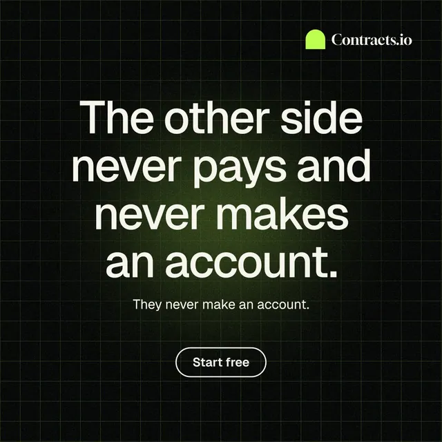 Instagram post for contracts.io: "The other side never pays and never makes an account." Phosphor atlas style, centred layout, dark palette in black, green, grey.
