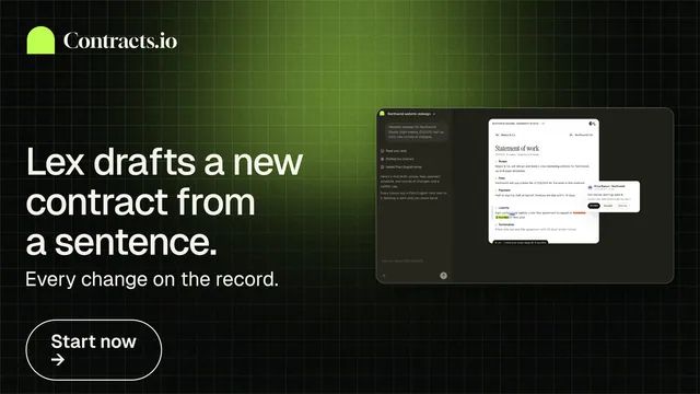 Landscape graphic for contracts.io: "Lex drafts a new contract from a sentence." Phosphor atlas style, bottom layout, dark palette in green, black, grey.