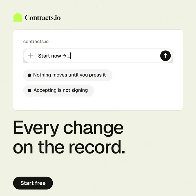 Instagram post for contracts.io: "Every change on the record." Data card style, bottom layout, light palette in white, grey.