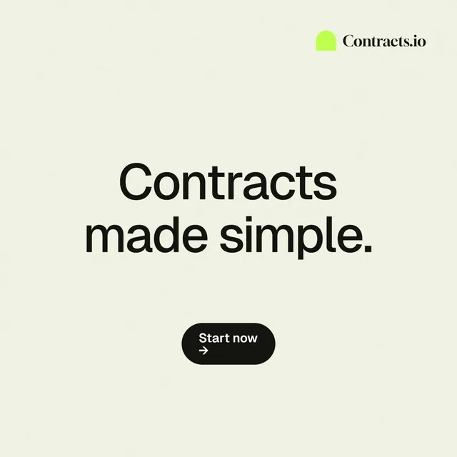 Instagram post for contracts.io: "Contracts made simple." Data card style, centred layout, light palette in white, grey.