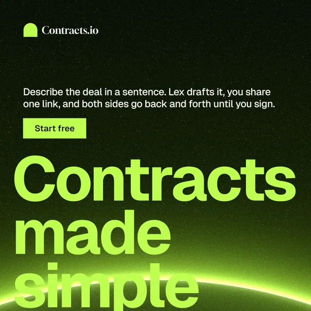 Instagram post for contracts.io: "Contracts made simple." Swiss style, oversized layout, dark palette in green, black.
