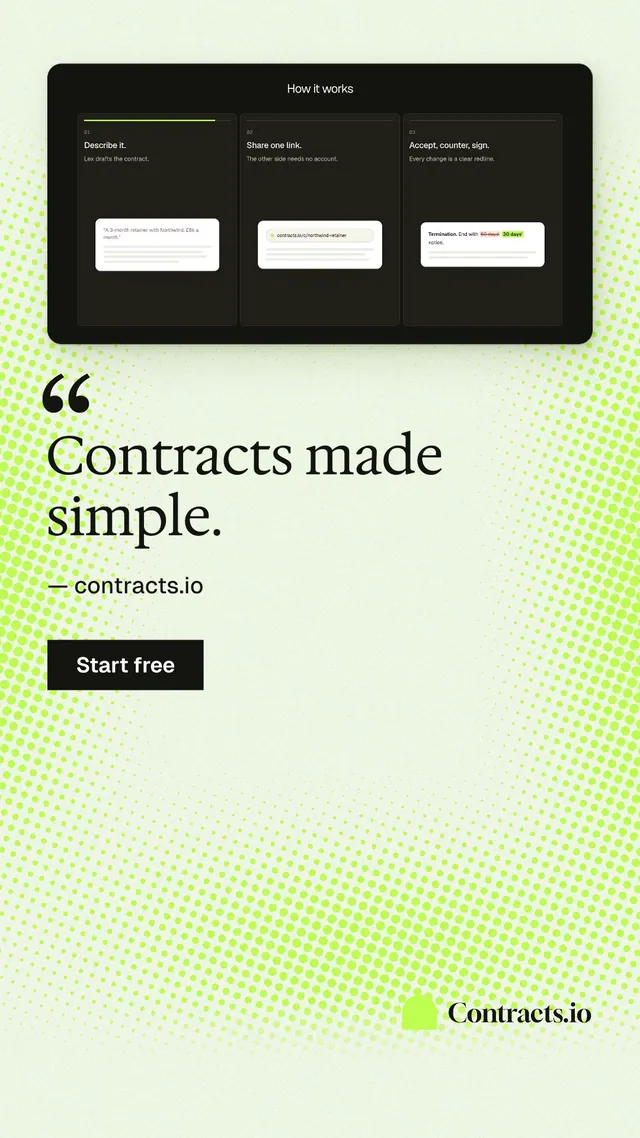 Instagram story for contracts.io: "Contracts made simple." Swiss style, quote layout, light palette in white, green, black.