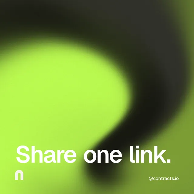 Instagram post for contracts.io: "Share one link." Auto 1x1 style, technique:shader field layout, light palette in green, black.