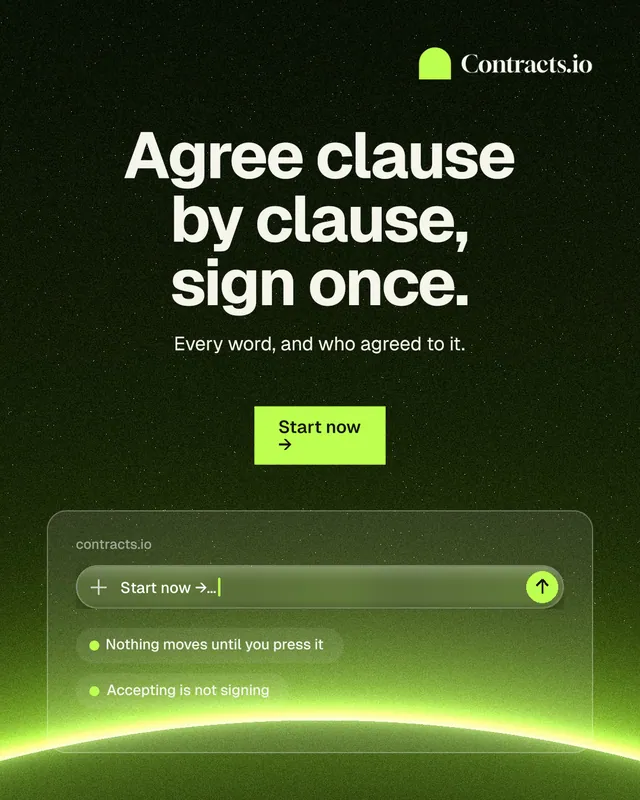 Instagram portrait post for contracts.io: "Agree clause by clause, sign once." Swiss style, centred layout, dark palette in green, black.