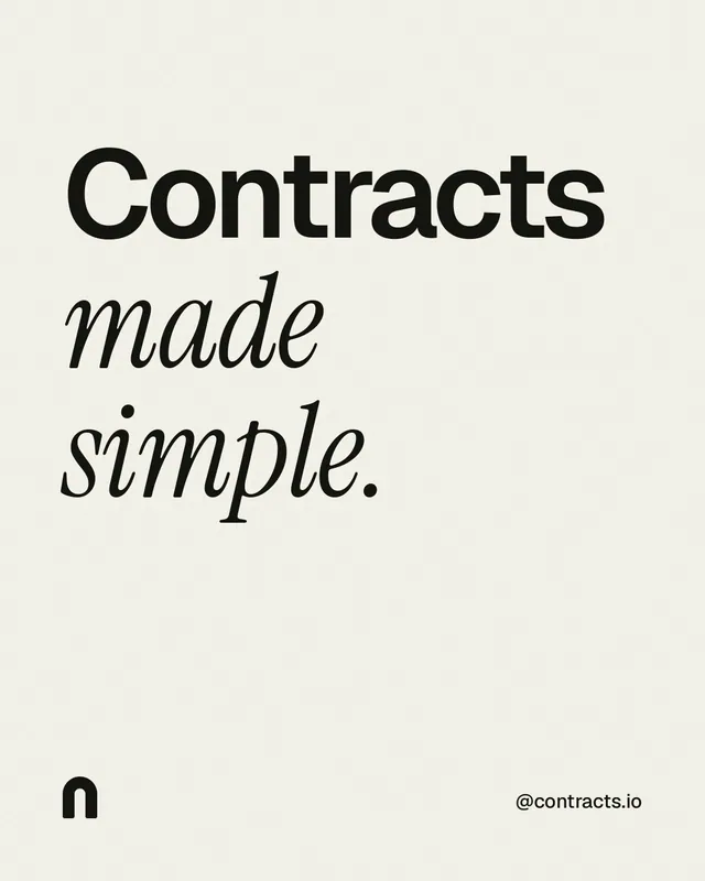 Instagram portrait post for contracts.io: "Contracts made simple." Editorial style, technique:mixed type lockup layout, light palette in white, grey.