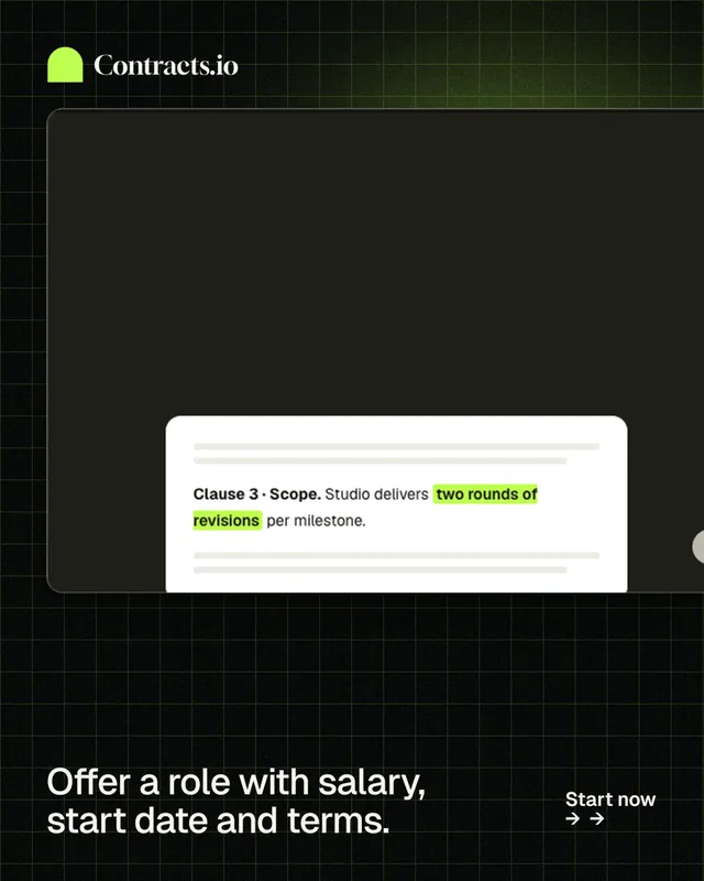 Instagram portrait post for contracts.io: "Offer a role with salary, start date and terms." Phosphor atlas style, image led layout, dark palette in black, grey.