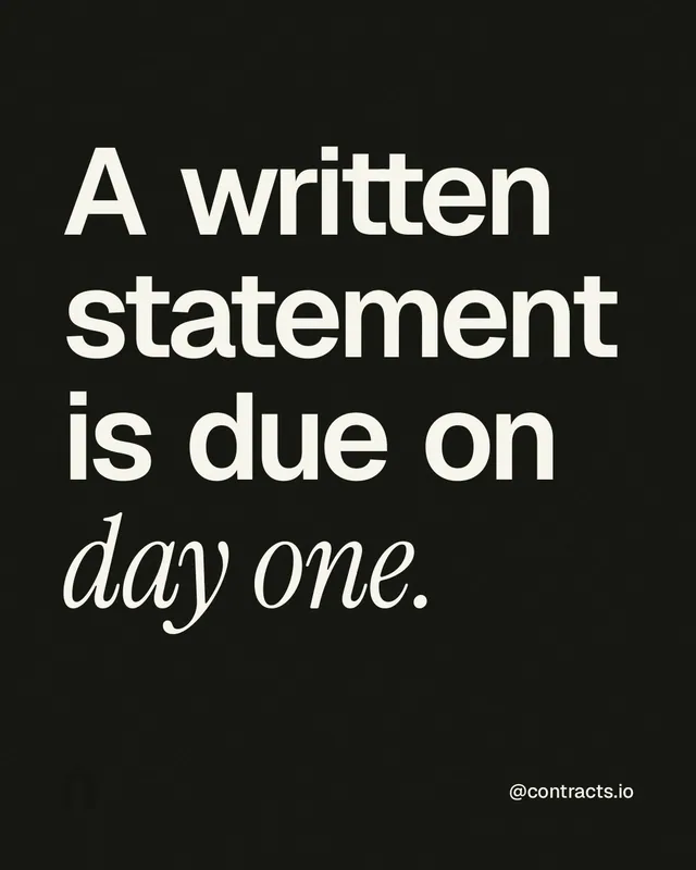 Instagram portrait post for contracts.io: "A written statement is due on day one." Editorial style, technique:mixed type lockup layout, dark palette in black, grey.