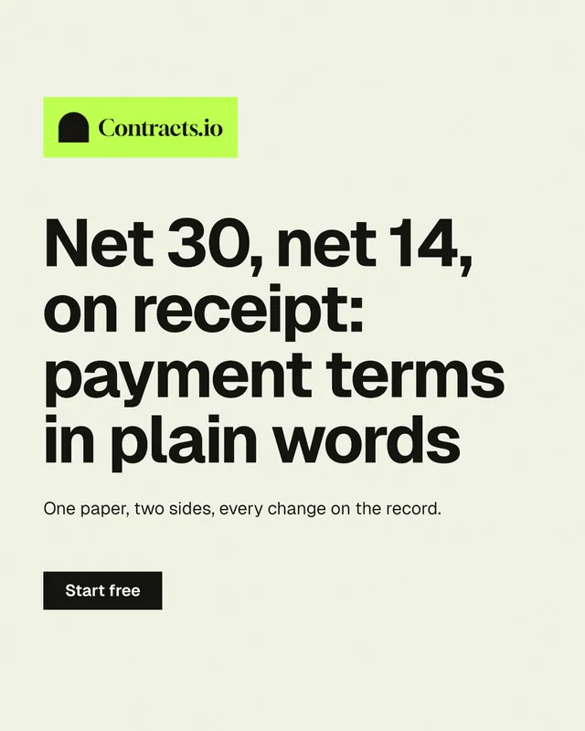 Instagram portrait post for contracts.io: "Net 30, net 14, on receipt: payment terms in plain words". Swiss style, announce layout, light palette in white, yellow, grey.