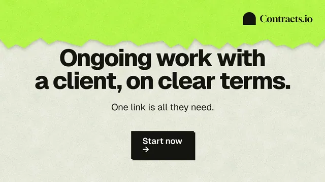 Landscape graphic for contracts.io: "Ongoing work with a client, on clear terms." Paper trio style, centred layout, light palette in green, grey.