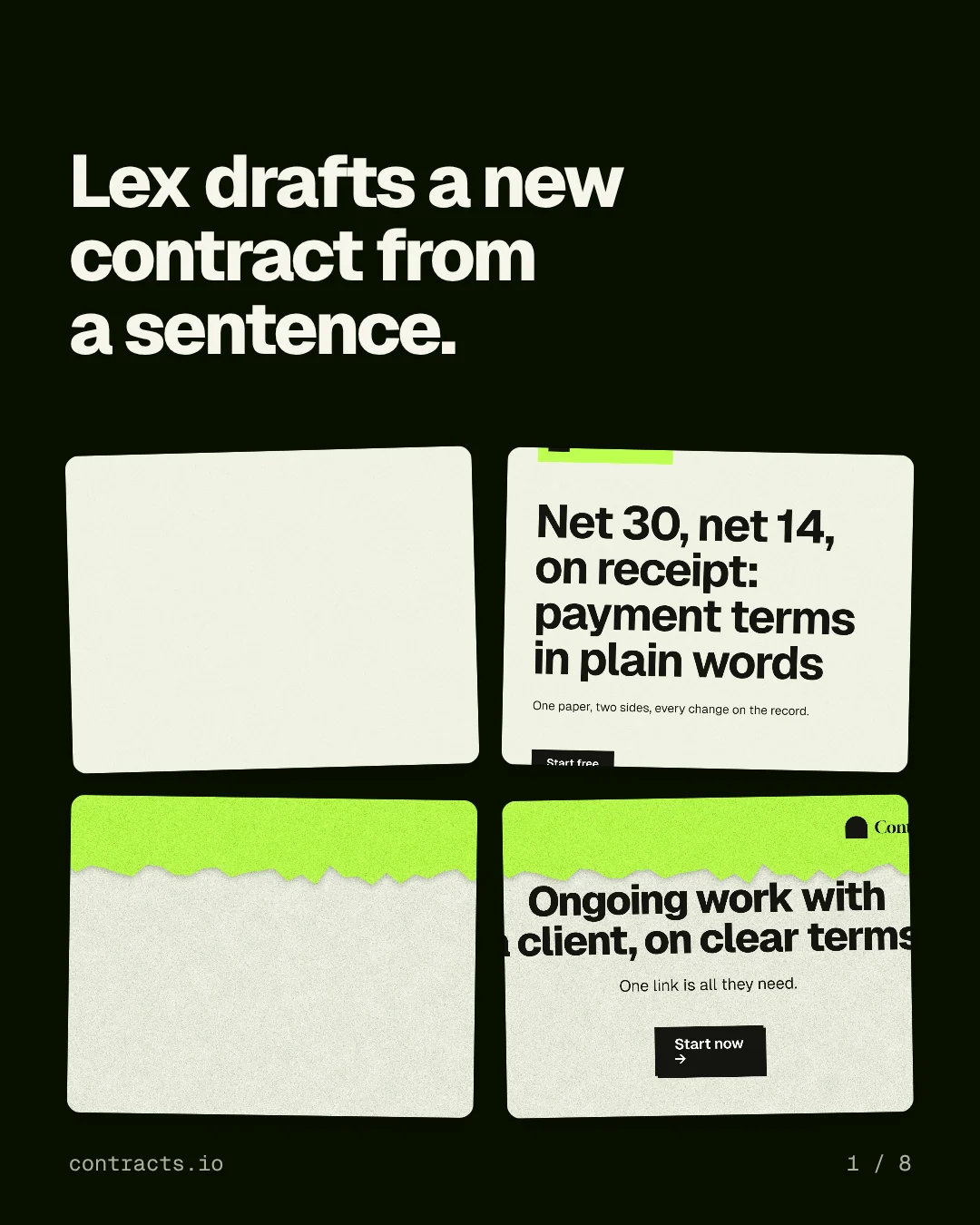 Carousel for contracts.io: "Lex drafts a new contract from a sentence.". Collection carousel, 8 slides, dark palette.