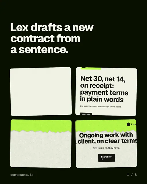 Carousel for contracts.io: "Lex drafts a new contract from a sentence.". Collection carousel, 8 slides, dark palette.