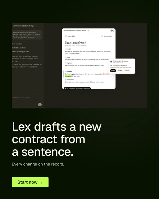 Video for contracts.io: "Lex drafts a new contract from a sentence.". Doc motion loop, 8.0 s, dark palette.