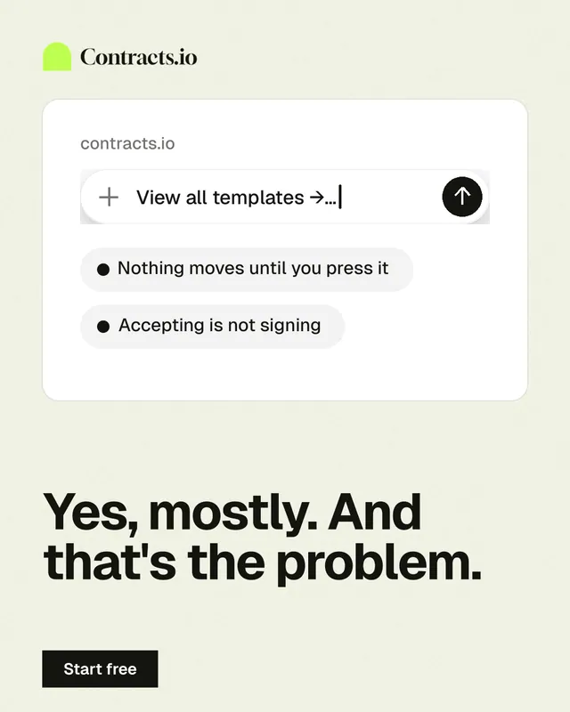 Instagram portrait post for contracts.io: "Yes, mostly. And that's the problem." Swiss style, bottom layout, light palette in white, grey.