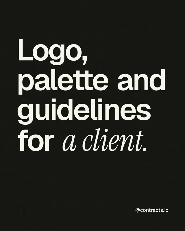 Instagram portrait post for contracts.io: "Logo, palette and guidelines for a client." Editorial style, technique:mixed type lockup layout, dark palette in black, grey.