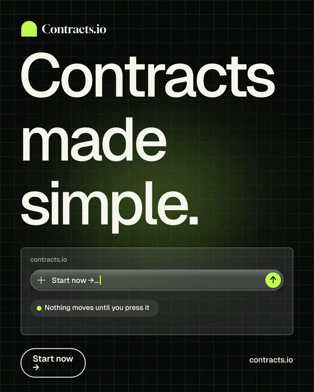 Instagram portrait post for contracts.io: "Contracts made simple." Phosphor atlas style, poster layout, dark palette in black, grey.