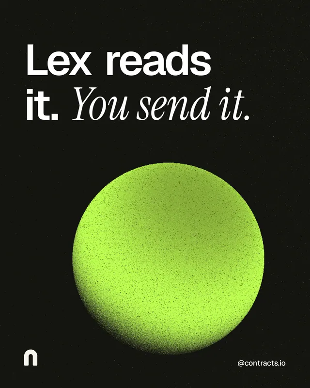 Instagram portrait post for contracts.io: "Lex reads it. You send it." Auto 4x5 style, technique:shader field layout, dark palette in black, green.