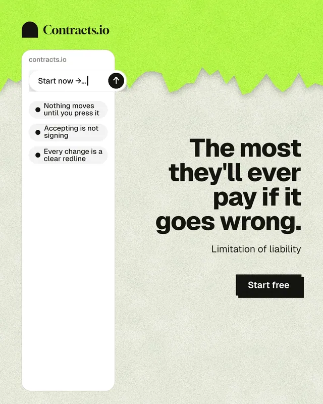 Instagram portrait post for contracts.io: "The most they'll ever pay if it goes wrong." Paper trio style, right layout, light palette in green, white, grey.