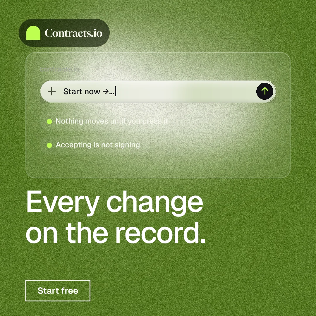 Instagram post for contracts.io: "Every change on the record." Cyanotype style, bottom layout, light palette in green.