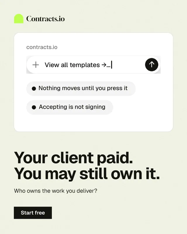 Instagram portrait post for contracts.io: "Your client paid. You may still own it." Swiss style, bottom layout, light palette in white, grey.