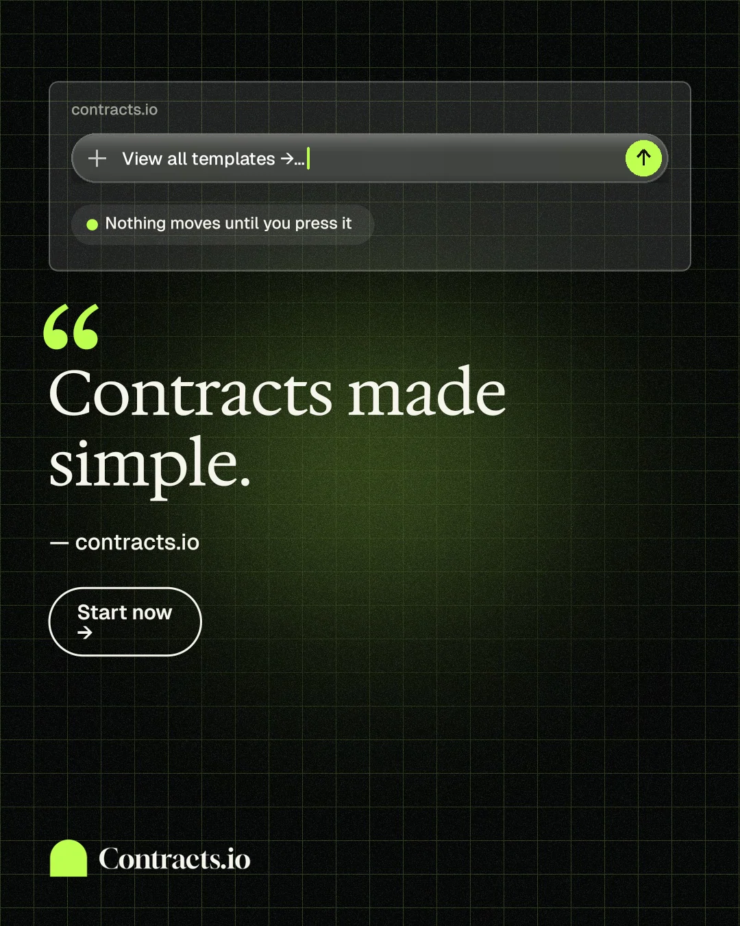 Instagram portrait post for contracts.io: "Contracts made simple." Phosphor atlas style, quote layout, dark palette in black, green, grey.