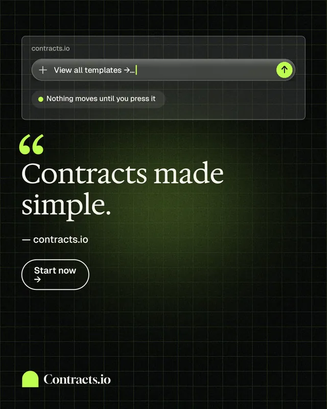 Instagram portrait post for contracts.io: "Contracts made simple." Phosphor atlas style, quote layout, dark palette in black, green, grey.
