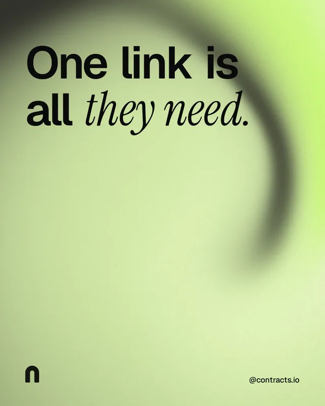Instagram portrait post for contracts.io: "One link is all they need." Auto 4x5 style, technique:shader field layout, light palette in green, grey.