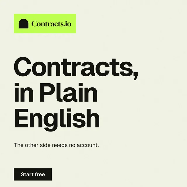 Instagram post for contracts.io: "Contracts, in Plain English". Swiss style, announce layout, light palette in white, yellow, grey.