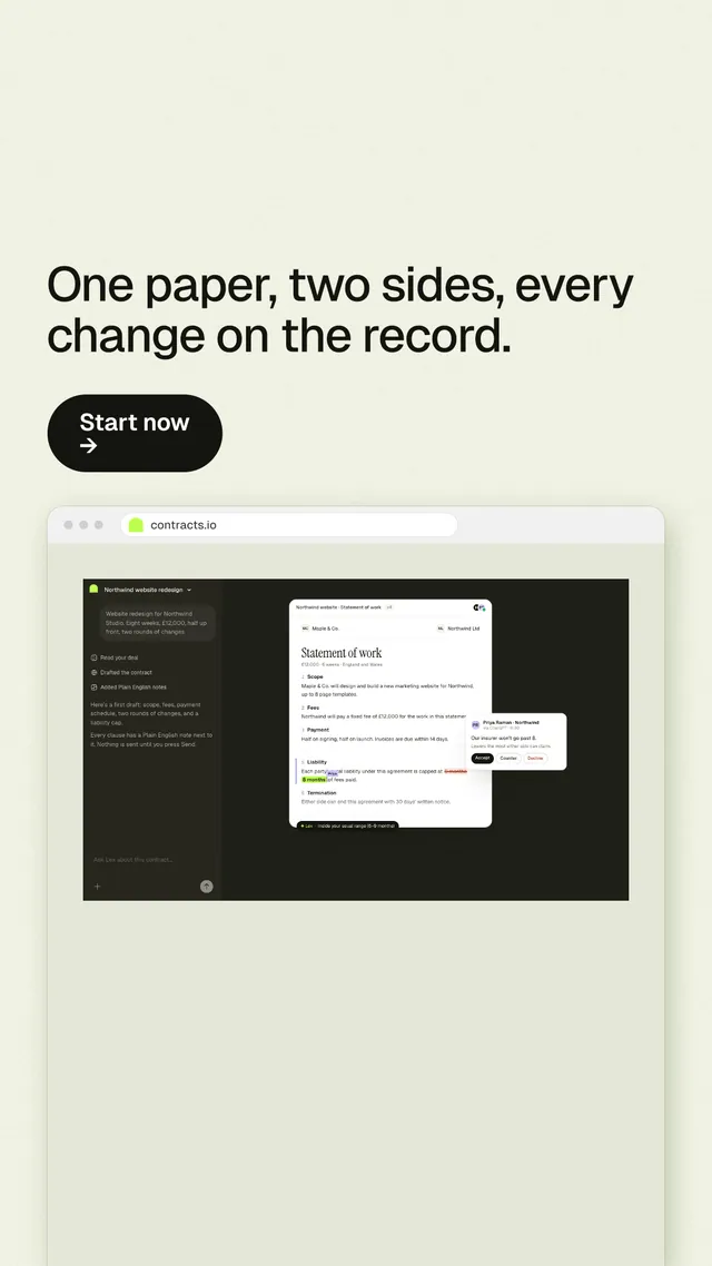 Instagram story for contracts.io: "One paper, two sides, every change on the record." Data card style, browser layout, light palette in green, white, grey.