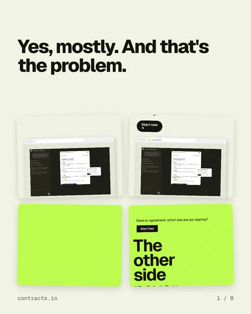 Carousel for contracts.io: "Yes, mostly. And that's the problem.". Collection carousel, 8 slides, light palette.
