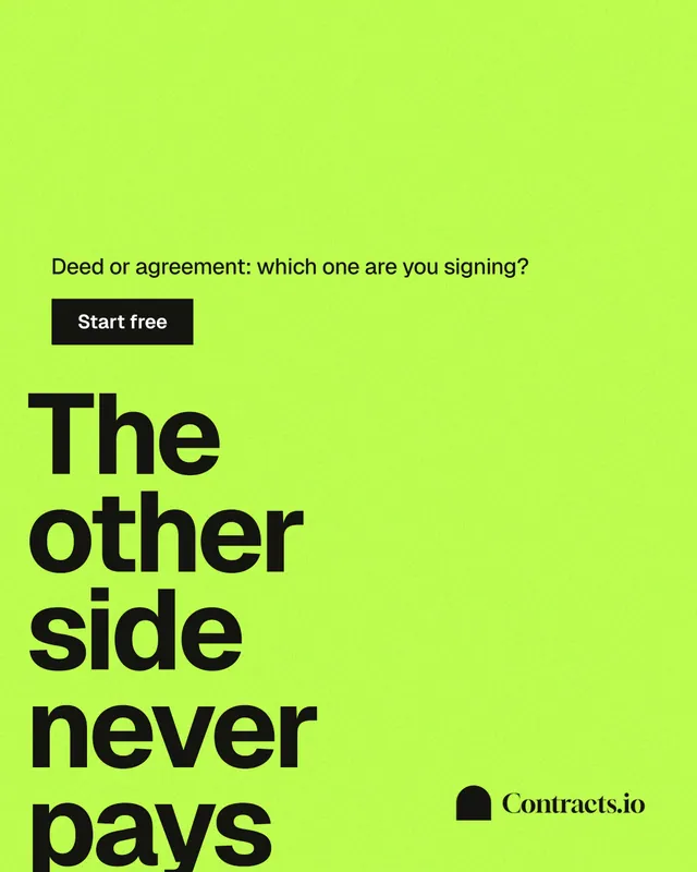 Instagram portrait post for contracts.io: "The other side never pays." Swiss style, oversized layout, light palette in green.