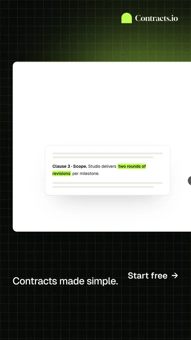 Instagram story for contracts.io: "Contracts made simple." Phosphor atlas style, image led layout, light palette in white, black.