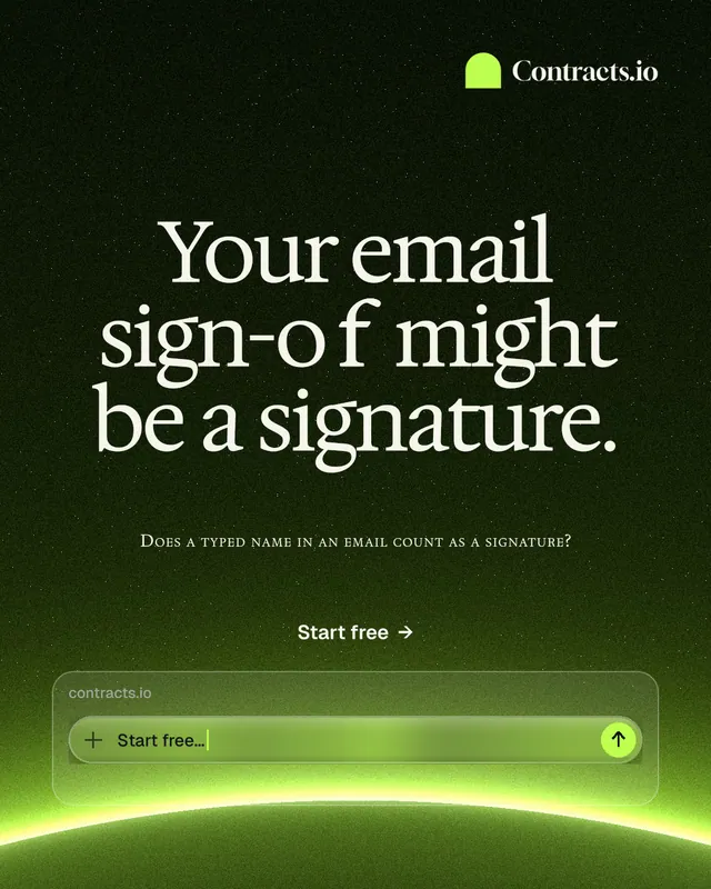Instagram portrait post for contracts.io: "Your email sign-off might be a signature." Swiss style, smallcaps layout, dark palette in green, black.