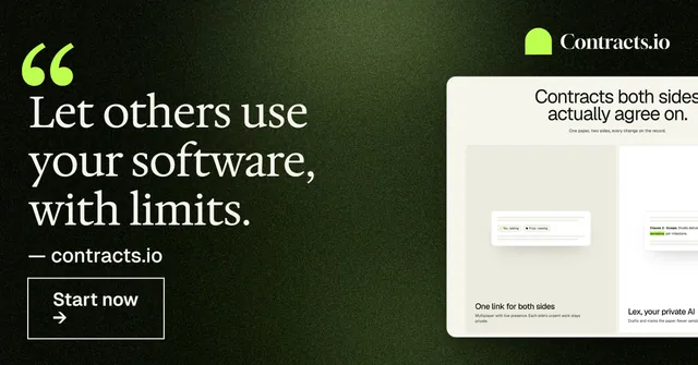 Social ad for contracts.io: "Let others use your software, with limits." Dark deco style, quote layout, dark palette in yellow, black, green.
